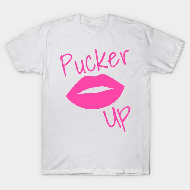 Pucker Up. Kiss Me. Hot Lips. Funny Fashion and Makeup Quote. Bright Pink T-Shirt by That Cheeky Tee